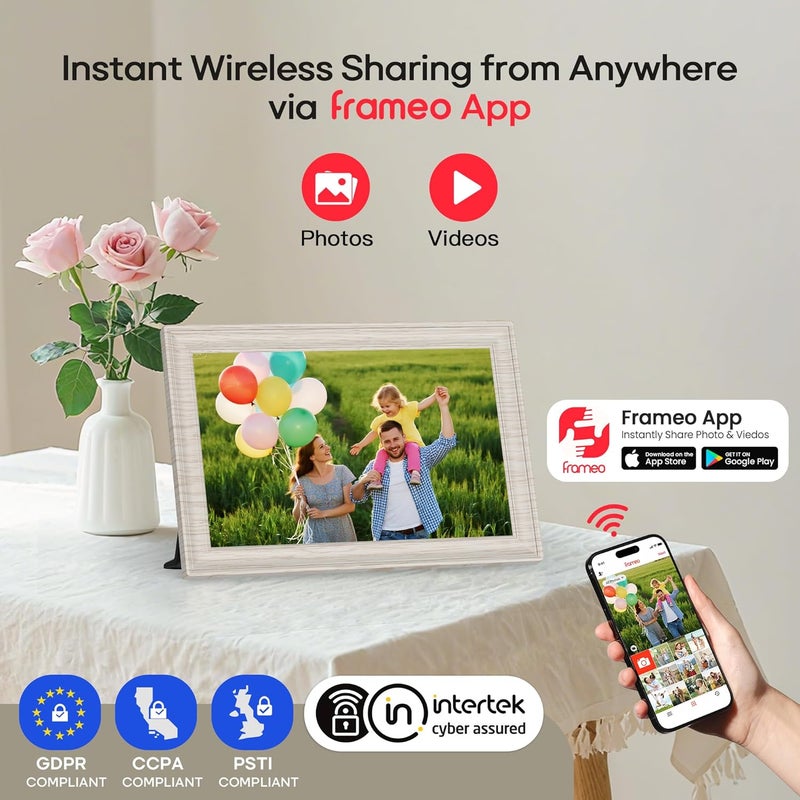 BIGASUO إطار فريميو 10.1" إطار صور رقمي واي فاي مع ذاكرة 32 جيجابايت، شاشة لمس IPS HD بدقة 1280 x 800، دوران تلقائي، عرض شرائح، مشاركة الصور/الفيديو عن بُعد في أي مكان، خشب أبيض مزخرف - Image 2